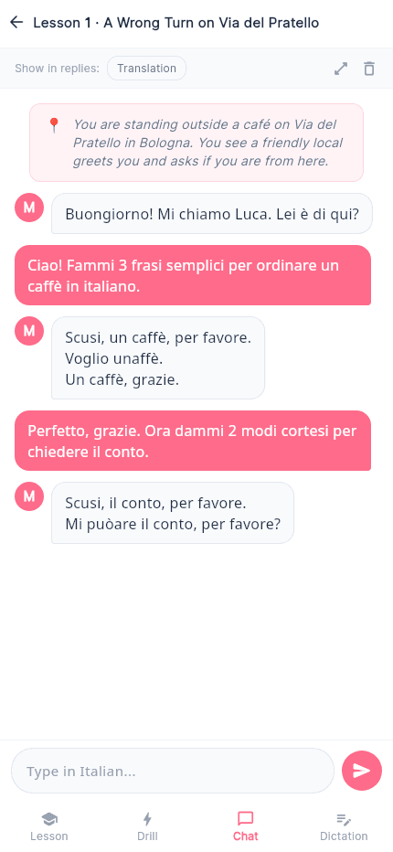 LangBlitz AI chat tab showing realistic multi-turn conversation