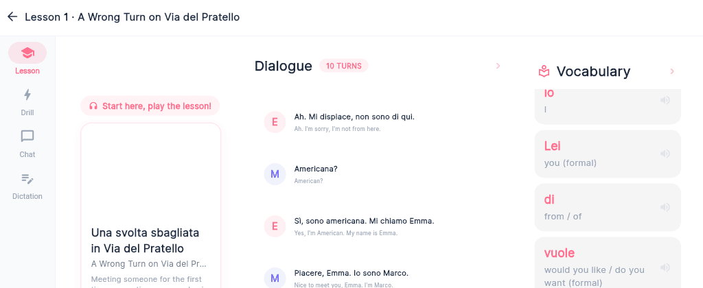 LangBlitz learn tab with guided lesson dialogue and vocabulary